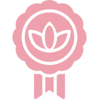 Pink flower emblem on black background.